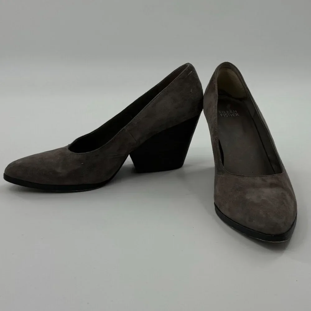 Eileen Fisher Hawk Suede Chunky Heel Pumps 8.5M